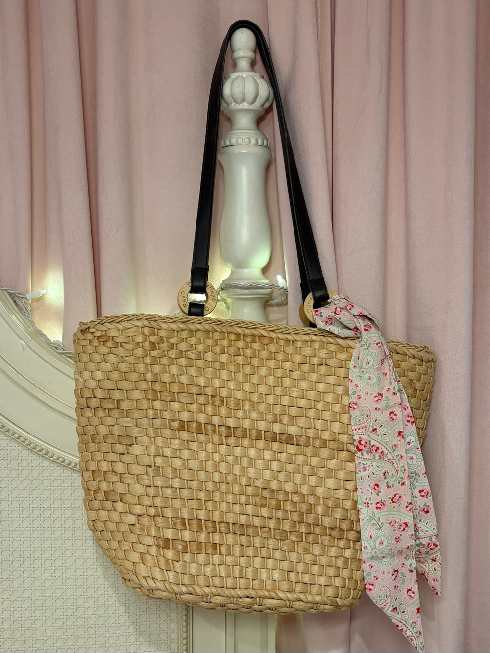 Woven Straw Tote Bag with Dark Brown Handles